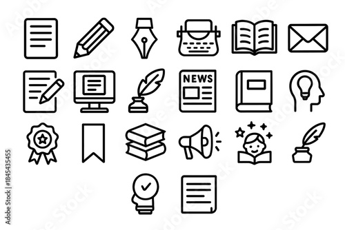 Set of writing and reading icons including typewriter and fountain pen.