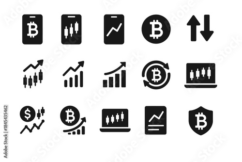Cryptocurrency trading icons set featuring bitcoin and market trends.