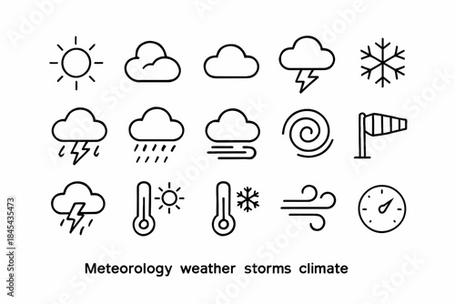 Weather icons representing sun, clouds, storms, wind, snow, temperature, and climate.