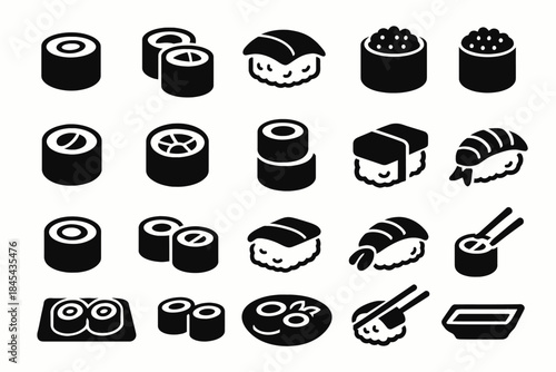 Assorted sushi icons collection: maki, nigiri, chopsticks, soy sauce, stylized silhouettes.