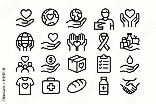 Charity and support icons: heart, globe, donation, food, health, community.