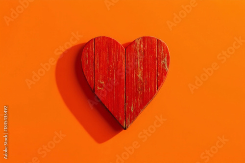 Red wooden heart casting a shadow on an orange background, symbolizing love and passion. Valentines day concept. Top view. 3d rendering.