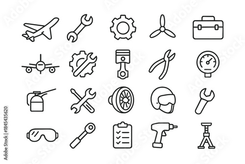 Aviation maintenance tools and equipment icons set.