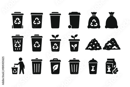Recycling symbol icons: bins, bags, compost, and nature elements in black and white.