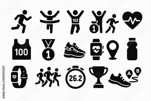 Running and fitness icons: health, heart rate, medal, trophy, marathon.