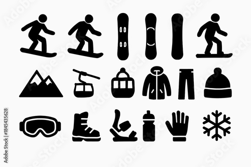 Winter sports icons: snowboarders, gear, and mountains in bold silhouette design.