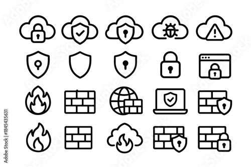 Cybersecurity icons: cloud storage, firewalls, security shields, and lock symbols.