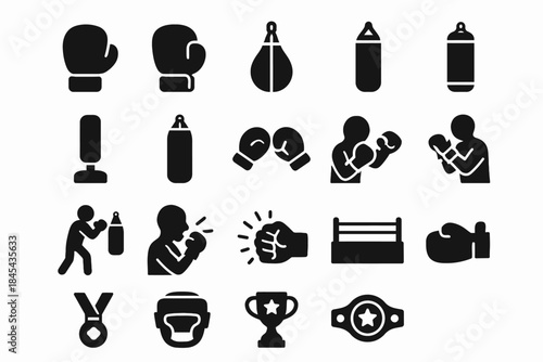 Boxing icons collection: gloves, punching bags, rings, medals, and trophies.