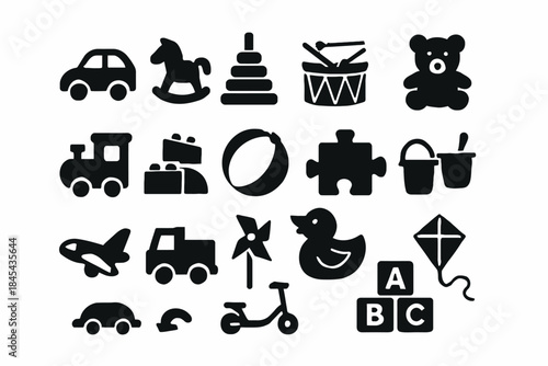 Silhouette icons of classic children's toys and games collection.