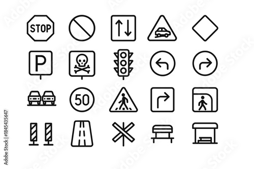 Assorted traffic and road signs collection in black and white.