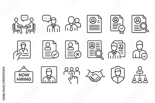 Job application and interview icons: resume, interview, hiring process symbols.
