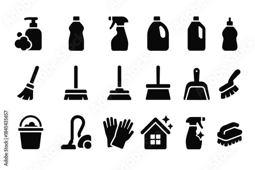Black silhouette icons of cleaning products and tools on white background.
