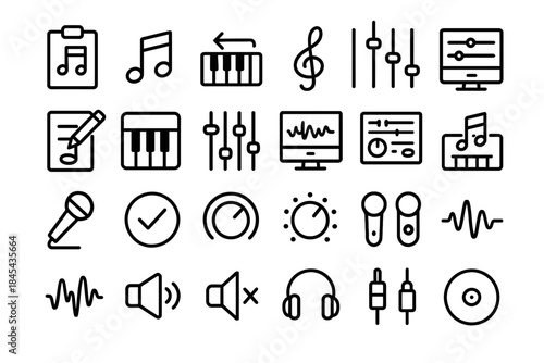 Music production icons: instruments, controls, and sound elements for audio design.