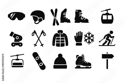 Winter sports icons: skiing, snowboarding, and ice skating equipment collection.