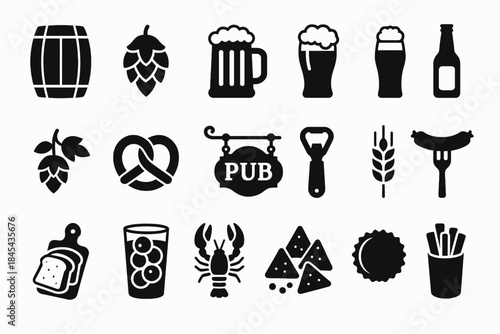 Beer and pub icons collection: barrel, pretzel, mug, bottle, lobster, nachos.