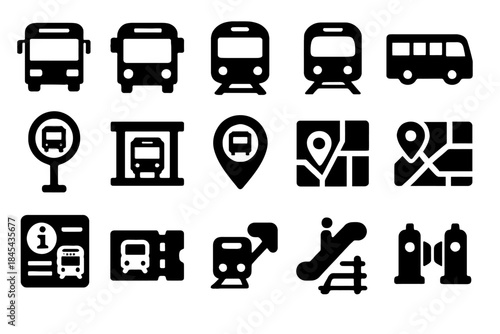 Public transport icons: bus, train, metro, map, ticket, escalator, station, location.