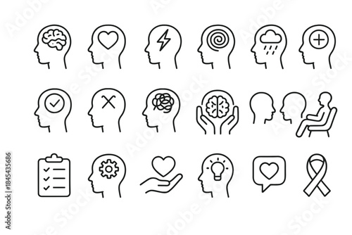 Line art mental health icons: brain, heart, therapy, awareness concepts.