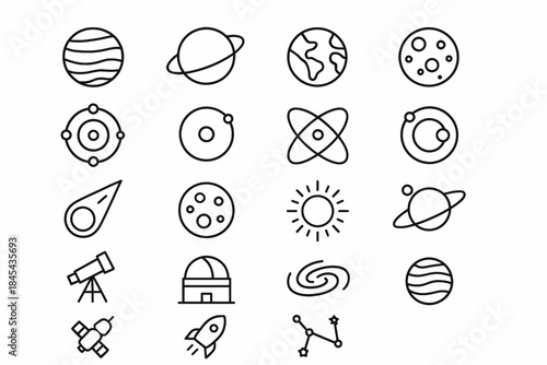 Space icon set featuring planets, telescope, rocket, and constellations.