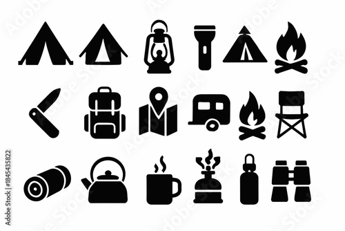 Collection of camping icons: tents, flashlight, backpack, and more.
