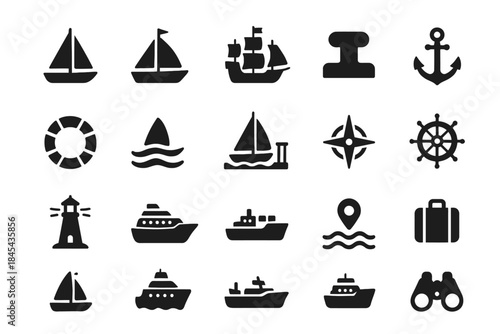 Nautical icons: sailboats, ships, anchor, compass, and more in black silhouette.