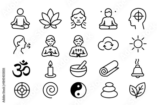 Mindfulness and yoga icons: meditation, relaxation, wellness symbols for calm and balance.
