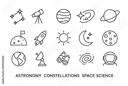 Astronomy icons: constellations, planets, telescope, rocket, moon and space science.