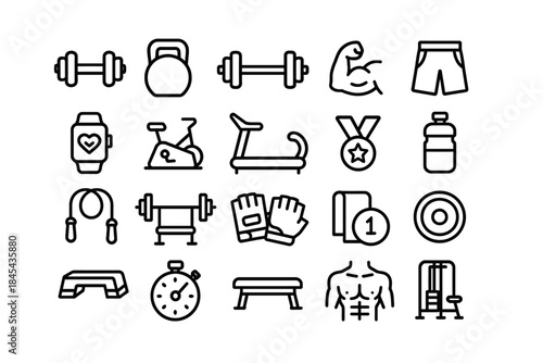 Fitness icons set: dumbbells, kettlebell, treadmill, medal, stopwatch, muscular torso, gloves, shorts.