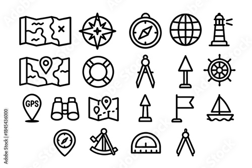 Navigation icons set: compass, map, globe, gps, lighthouse.