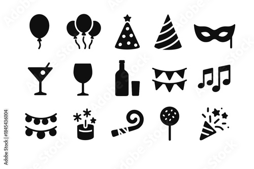 Party icons set: balloons, drinks, music, mask, party hat, decorations.
