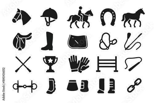 Equestrian equipment icons: horse, rider, saddle, helmet, trophy.