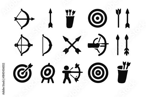 Black archery icons: bows, targets, arrows, quivers, crossbows.
