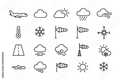 Weather and travel icons: airplane, clouds, sun, wind, snowflake, compass, road, windsock.