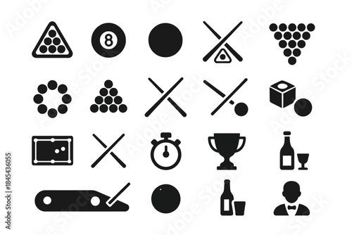 Billiards icons: balls, cues, table, trophy, drinks, stopwatch.
