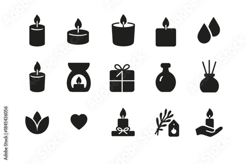 Set of spa and relaxation icons featuring candles and aromatherapy elements.