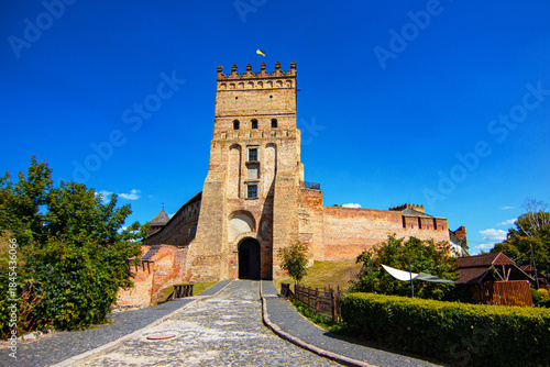 Historic main gate with defensive tower at Lubart’s Castle, Lutsk, Volyn Region in Ukraine