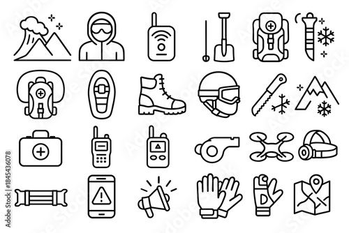 Winter survival gear icons: essentials for extreme outdoor adventures.