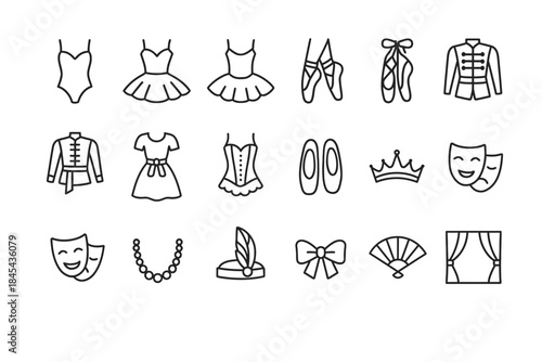 Ballet icons: costumes, shoes, accessories, masks, crowns, tutu, dance, performance symbols.