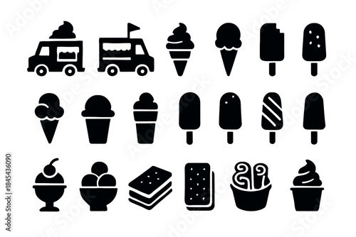 Variety of ice cream icons featuring cones, trucks, and popsicles.