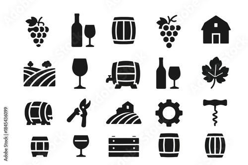 Icons of wine production: grapes, barrels, bottles, barn, and tools.