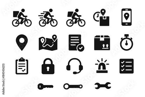 Delivery and logistics icons: bicycle, package, mobile, and more.