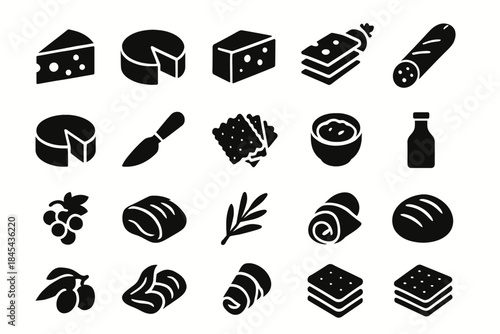 Assorted food icons: cheese, sausage, bread, crackers, grapes, olive branch, bottle.