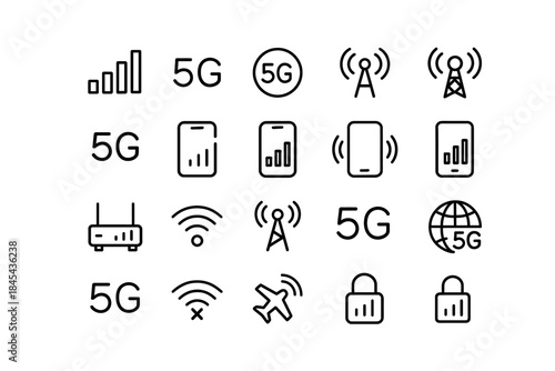 5g technology icons set: connectivity, network, wireless, signal, communication.