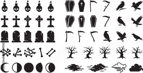 Spooky Halloween and Death Silhouettes Collection including Skulls, Gravestones, Ravens, Coffins, and Scythes