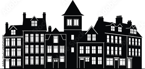 Old city skyline silhouette, row of European buildings, black town houses vector illustration, isolated on white background, historical street architecture design.