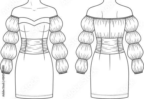 Off-the-Shoulder Mini Dress with Voluminous Puff Sleeves Sweetheart Neckline and Shirred Bodice Fashion Flat Technical CAD Drawing Vector Illustration Template