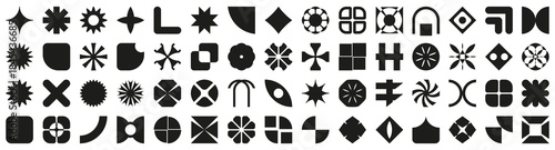 Minimal geometric symbol collection with bold silhouettes. Diverse abstract shapes form a versatile graphic set