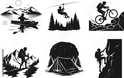 Outdoor adventure vector illustration set with camping, hiking, kayaking, mountain biking, zipline, and rock climbing silhouettes for travel, exploration, and nature design