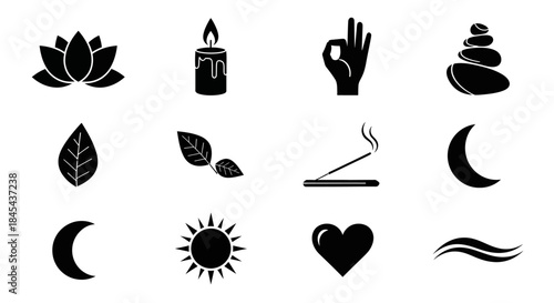 Black icons of various spiritual symbols.