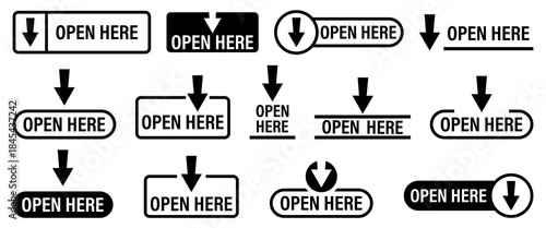 Black and white open here arrow labels in minimal style. Clear directional shapes improve visual navigation
