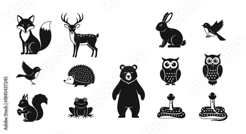 Black silhouettes of forest animals standing.